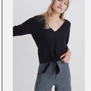 Madewell Black Texture & Thread Long-Sleeve Tie-Front Top